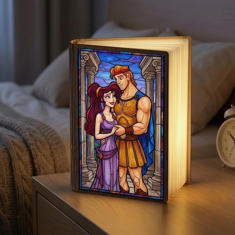 Custom Hercules Book Lamp, Hercules Megara Couple Gift, Disney Greek Myth Stained Glass Style, Romantic Night Light, Gift For Her image 1