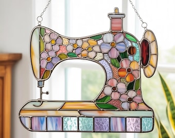 Floral Sewing Machine Suncatcher, Sewing Machine Sun Catcher, Quilter Gift, Sewing Room Window Art