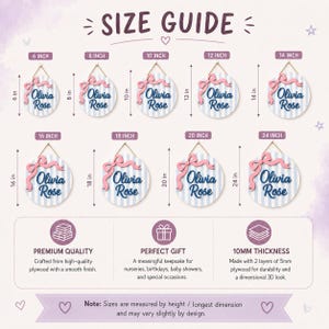 May include: A size guide for circular wall signs featuring the name Olivia Rose in dark blue script. The signs have light blue and white vertical stripes and a pink bow. Sizes range from 6 inches to 24 inches in height, with a 10mm thickness.