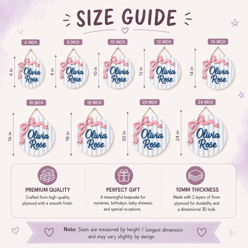 May include: A size guide for circular wall signs featuring the name Olivia Rose in dark blue script. The signs have light blue and white vertical stripes and a pink bow. Sizes range from 6 inches to 24 inches in height, with a 10mm thickness.