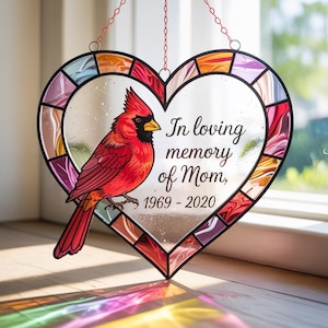 Red Cardinal Memorial Suncatcher, In Loving Memory Gift, Faux Stained Glass Heart Window Decor, Loss of Mom Remembrance Ornament, Grief Gift