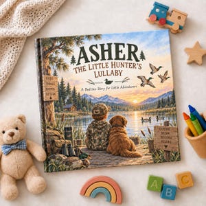 May include: A hardcover children's book titled Asher The Little Hunter's Lullaby, featuring an illustration of a child and a dog sitting on a wooden dock by a lake at sunset, with ducks flying overhead and forest scenery in the background.