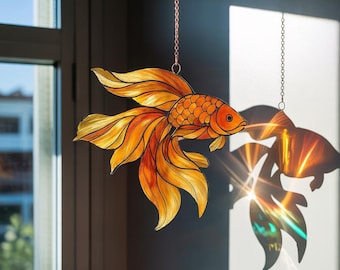 Acrylic Goldfish Window Suncatcher, Faux Stained Glass Fish Decor for Mom, Summer Kitchen, Garden Decor, Marine Accent Home Decor