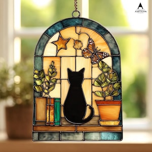 Black Cat And Book Suncatcher Ornament, Ghost Reading Book Suncatcher, Book Window Decor, Ghost and Plants, Cat Lover Gift, Book Lover Gift