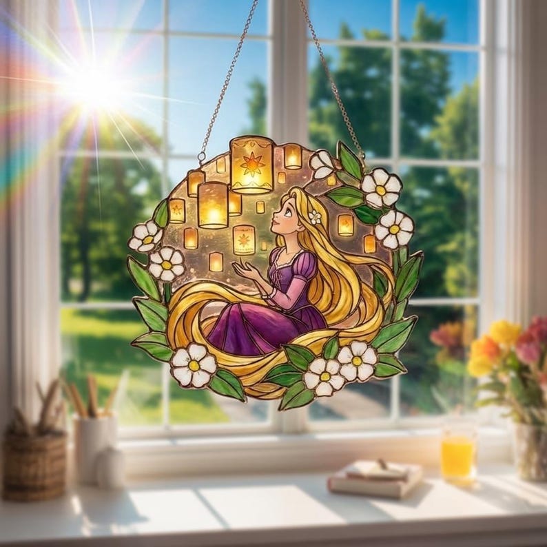 Rapunzel Lantern Suncatcher, Tangled Princess Window Hanging, Floral ...