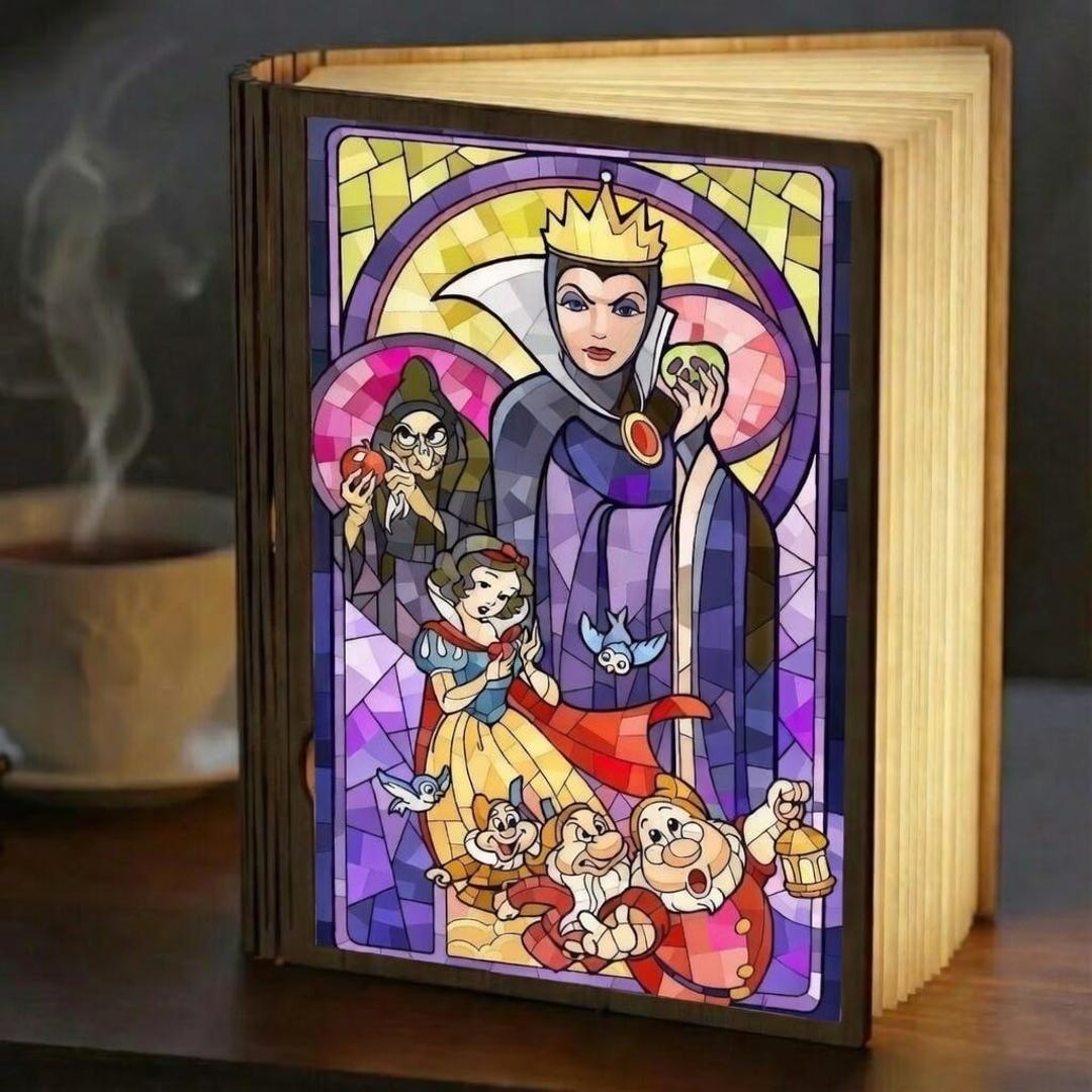 Snow White Evil Queen Book Lamp, Disney Villains Stained Glass Art ...