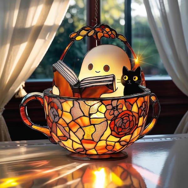 Niedlicher Geist Lesebuch Suncatcher, Geist und schwarze Katze im Teetasse Acryl Suncatcher, Buch-Liebhaber-Geschenk, Geist-Lesung Suncatcher-Verzierung
