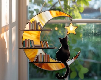 Moon Cat Window Hanging, Handmade Suncatcher, Book Lover Decor, Cozy Boho Home Accent Gift