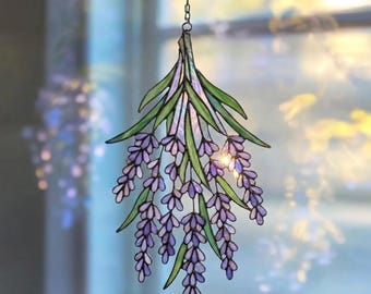 Lavender Suncatcher, Hanging Purple Lavender Window Decor, Botanical Floral Glass Art for Home