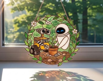 WALL-E and EVE Suncatcher, Pixar Robot Window Hanging, Cute Robot Plant Scene Decor, Romantic Gift for Movie Lovers