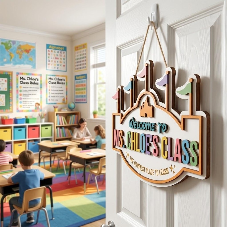 May include: A wooden door sign shaped like a castle with colorful flags and the text "WELCOME TO MS. CHLOE'S CLASS THE HAPPIEST PLACE TO LEARN". The sign is hung by a rope on a white door, featuring layered wood cutouts in white, brown, and pastel tones.