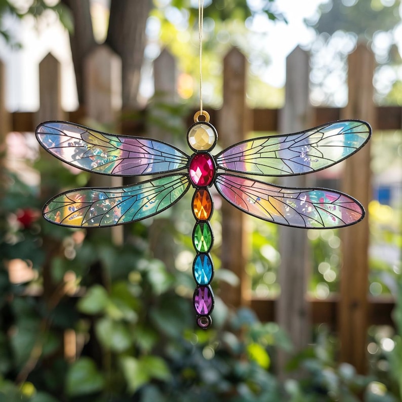 May include: A colorful dragonfly suncatcher with iridescent wings and a black outline. The dragonfly features a series of jewel-toned gems in red, orange, green, blue, and purple. The wings are a mix of rainbow colors.