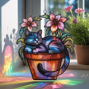 Puede incluir: Un atrapasoles de cristal con un gato colorido en una maceta con lirios rosas y naranjas. El gato tiene pelaje azul, morado y naranja. El atrapasoles cuelga de una cadena y proyecta un arcoíris de colores.