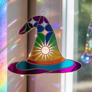 Witch Hat Suncatcher, Rainbow Stained Glass, Sun Moon Window Decor, Colorful Witchy Gift, Halloween Window Ornament