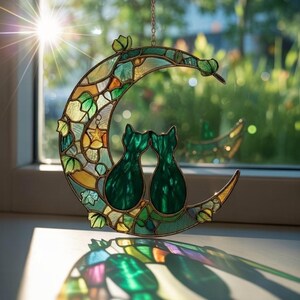 以下が含まれることがあります： 2匹の緑色の猫のシルエットが三日月の上に描かれたステンドグラスのサンキャッチャー。三日月は、緑、黄、オレンジの色合いのカラフルなガラス片で構成されています。星型のガラス片が見えます。
