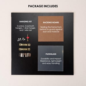 May include: A black square with the text "PACKAGE INCLUDES" at the top. The image shows a hanging kit with screws, hangers, and a nail, a backing board, and plexiglass.