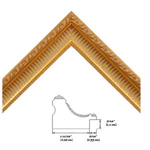 May include: A section of a gold-colored picture frame with ornate detailing. The frame has a decorative pattern and a profile diagram showing dimensions: 1 11/16 inches (4.25 cm), 5/16 inches (0.79 cm), and 7/16 inches (1.1 cm).