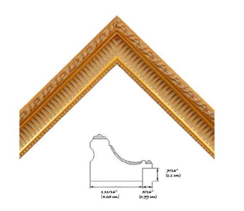 May include: A section of a gold-colored picture frame with ornate detailing. The frame has a decorative pattern and a profile diagram showing dimensions: 1 11/16 inches (4.25 cm), 5/16 inches (0.79 cm), and 7/16 inches (1.1 cm).
