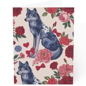 Wolf Greeting Card Heart French Toile Design, 1 10 30 pcs, Blank Inside, All Occasions Anniversary Birthday Valentines, Wolfdog Stationery
