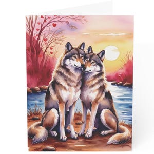 Wolf Couple Card Love Anniversary Birthday Valentines Wedding Wildlife 1 pc Blank Inside All Occasions, Wolf Lover Note, Wolfdog Stationery