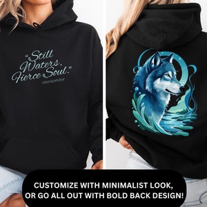Wolf Graphic Hoodie: &quot;Still Waters, Fierce Soul&quot; - Blue & Green Print