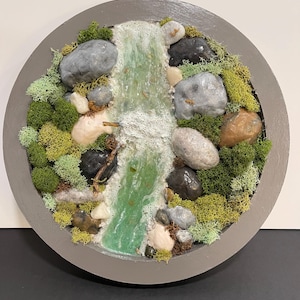 Epoxy Resin River Shadow Box: Round Circle Wood Frame Wall Art,Preserved Moss, Brook Artwork