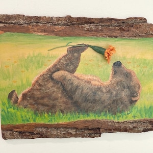 Whimsical Bear Smelling Flower Painting: 3-D Carved Flower on Live Edge Wood