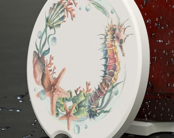 Seahorse Coastal Wreath Soapstone Car Coaster