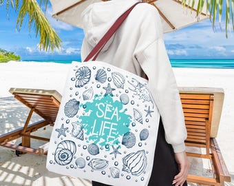 Sea Life Tote Bag Durable Polyester Ocean Waves & Seashells Beach Design