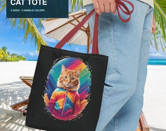 Colorful Tabby Cat Polyester Tote Bag, Two-Sided Print, Two Sizes