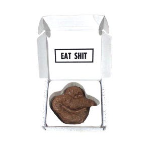 May include: A white box with the words "EAT SHIT" printed on the front. The box contains a brown, realistic-looking poop emoji.
