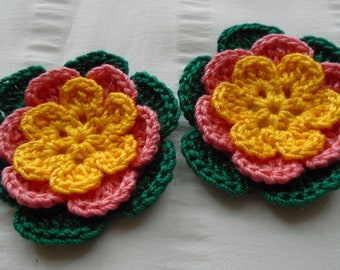Crocheted flowers set of 2 appliques 2.5 inch embellishment motif