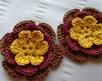 Crocheted flowers set of 2 appliques 2.5 inch embellishment motif
