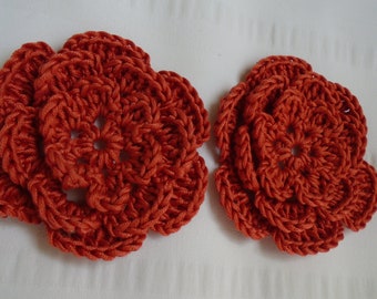 Crocheted flowers set of 2 appliques 3 inch embellishment motif rusty