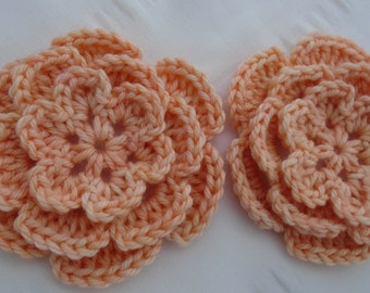 Crochet flowers set of 2 peach color 3.5 inch size flower motif embellishment