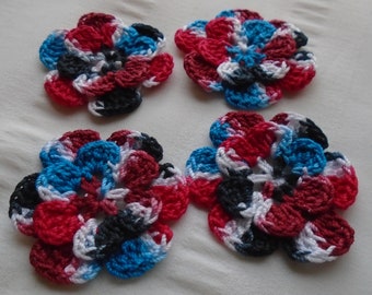 Appliques hand crocheted flowers embellishment set of 4 black line dark cotton 1.5 inch