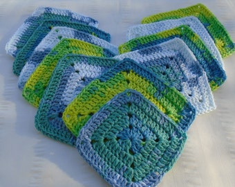 Granny square motif set of 11 squares blue green white crochet patch do it your self project premade crochet square