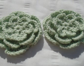 Appliques hand crocheted flowers embellishment set of 2 in light sage color cotton  3 inch