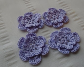 Appliques hand crocheted flowers embellishment set of 4 lavender cotton 1.5 inch