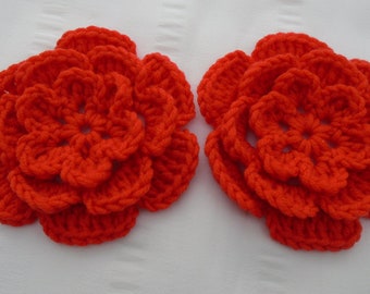 Crochet flowers set of 2 Tomato color 3.5 inch size flower motif embellishment