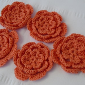 May include: Five handmade crochet flowers in a vibrant coral color. Each flower has multiple layers of petals, creating a full, textured appearance. The flowers are arranged on a white surface, showcasing their intricate details.