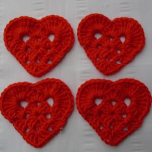 Crochet heart shape motif in red color set of 4 Valentine small coaster applique