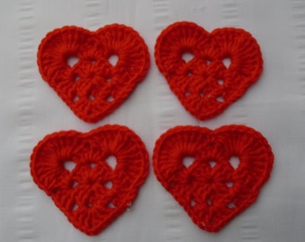 Crochet heart shape motif in red color set of 4 Valentine small coaster applique