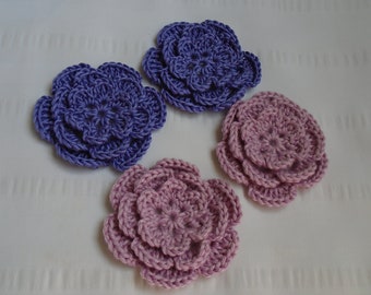 Appliques hand crocheted flowers embellishment set of 4 in purple color cotton  3 inch