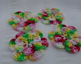 Appliques hand crocheted flowers set of 4 Multi 2 cotton 1.5 inch