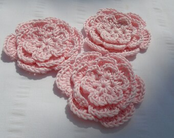 Crocheted flowers set of 3 appliques 3.5 inch embellishment motif pink