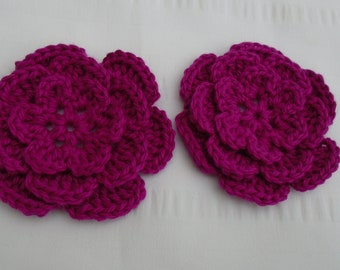 Appliques hand crocheted flowers embellishment set of 2 in magenta color cotton  3 inch