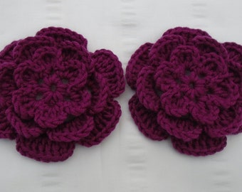 Crocheted flowers set of 2 appliques 3.5 inch embellishment motif plumtastic