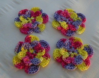 Appliques hand crocheted flowers embellishment set of 4 in muck blooms cotton 1.5 inch