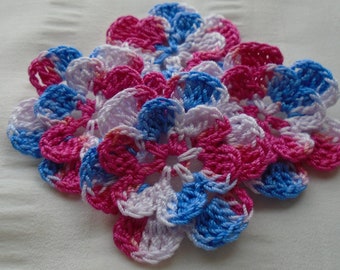 Appliques hand crocheted flowers set of 4 Olympic Pride cotton 1.5 inch white pink blue